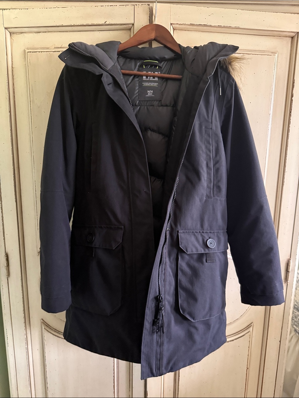 Helly Hansen Women's Black Trench-Style Parka with Faux Fur Hood